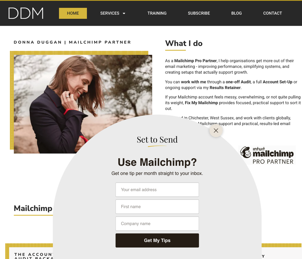 Mailchimp newsletter pop-up form on Donna Duggan’s website.